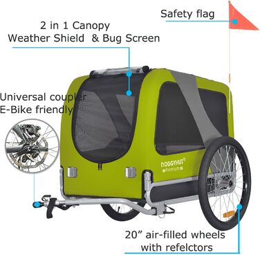 DOGGYHUT® Преміум великий велосипедний причіп для собак об'ємом 270 літрів, підходить для середніх та великих собак (Зелений)