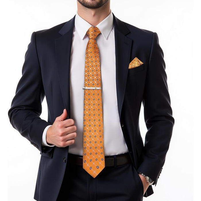 Набір краваток чоловічий DiBanGu з шовковими смугами та клітинкою, з кишеньковим хустинкою, затискачем та краватковою кліпсою для весілля та офіційних заходів (яскраво-помаранчевий)