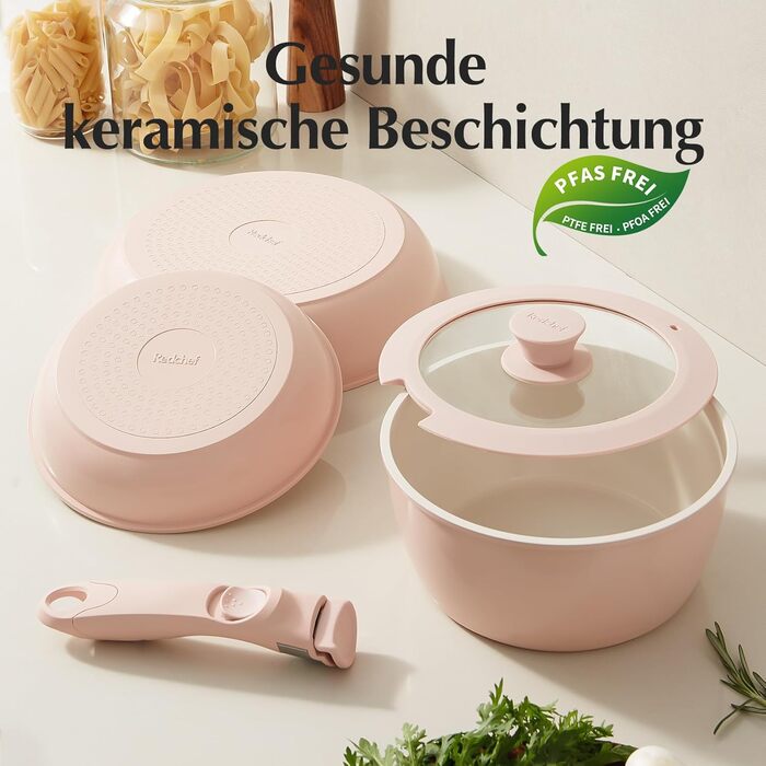 Redchef Ceramic Cookware Set with Detachable Handle, RV Cookware Set for Camping, Ceramic Non-Toxic Pot and Pan Set, PTFE-free, PFAS-free, PFOA-free, Space-Saving, Dishwasher-Safe (5-Piece Pink)