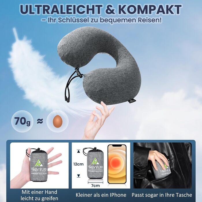 Подушка для шиї HIKENTURE надувна для подорожей літаком/поїздом з чохлом. Зручна подушка-ворітниця для дорослих. Кольори: синій, темно-сірий.