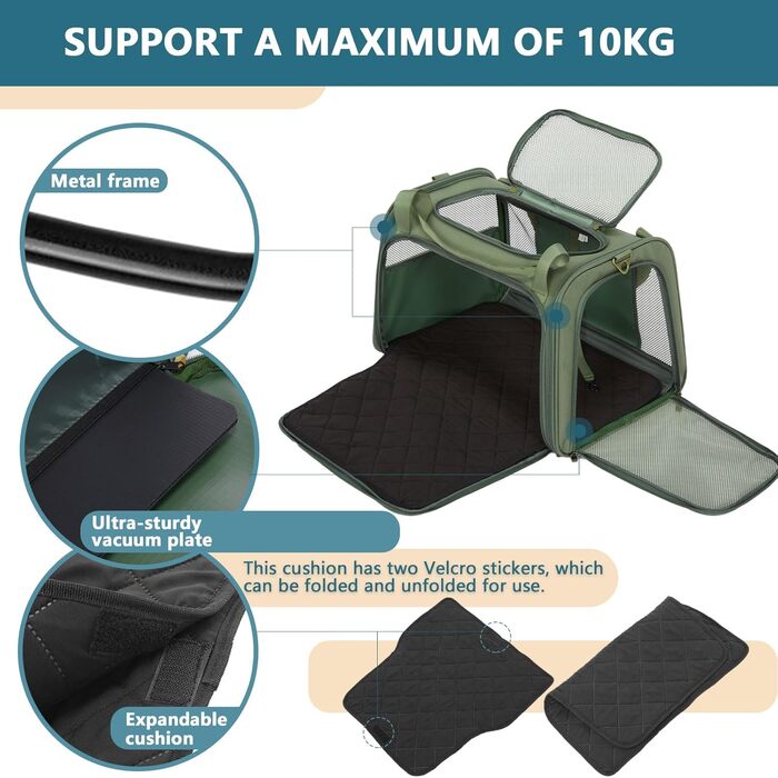 Транспортна переноска для котів та собак Petsfit, складана, 50L, оливковий, з м'яким килимком