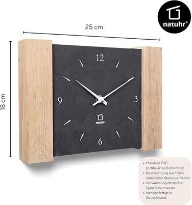 Wall clock, Matterhorn design, wood, oak, light stone, slate (Black/limed oak - radio controlled) (Quartz movement)