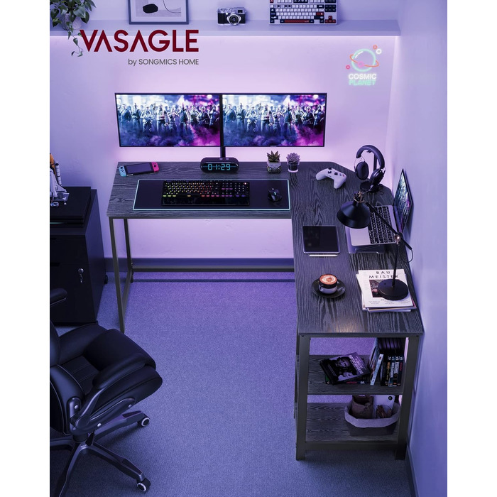 Кутовий L-подібний письмовий стіл VASAGLE для комп'ютера та геймінгу, 138 x 138 x 76 см, офісний стіл для дому, колір бежевий/чорний, LWD72MB