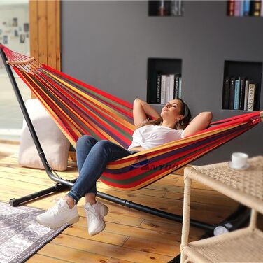 Гамак садовий ANYOO з дерев'яною перекладиною, червоний - зручний гамак для тераси, саду, пляжу