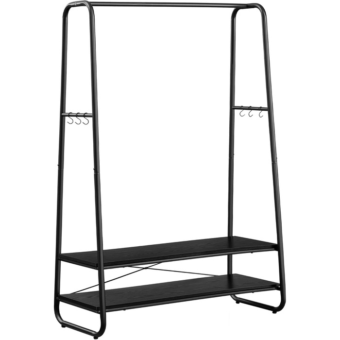VASAGLE Clothes Rack, Coat Stand, Coat Rack, 2 Shelves, 6 S-Shaped Hooks, Steel Frame, for Bedroom, Hallway, Entrance Area, Cloud White-Matte White RGR112W02 (Ebony Black-Matte Black)