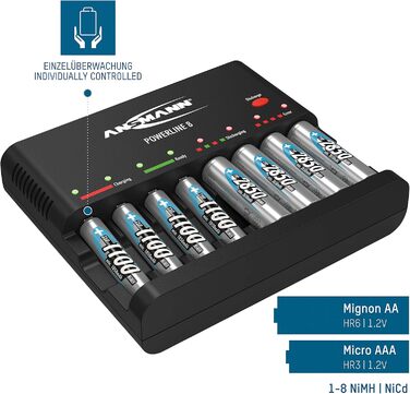 Зарядний пристрій Powerline 8 для акумуляторів AA/AAA з LED-дисплеєм, визначення дефектів та захистом від перевантаження (зарядний пристрій + 8 x 2850 акумуляторів)