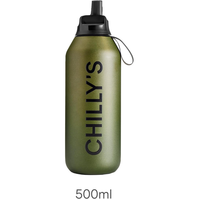 Chilly's Series 2 Flip Bottle - Thermos Flask with Sport Cap, Telescopic Straw, and Nylon Carry Loop - Stainless Steel Bottle with Easy Flip Opening, Includes Straw Cleaning Brush (Ombre - Moss, 500 ml)