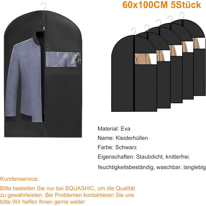 Чохли для одягу 5 шт. 60x100 см, міцні, з блискавкою, для суконь, жакетів, сорочок, чорні