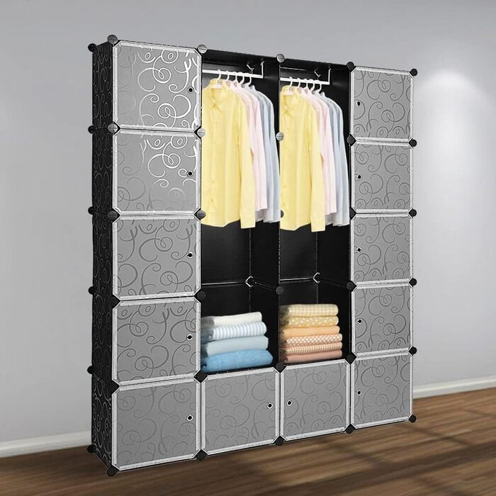 Regalsystem Shoe Rack Set of 20 Cubes, Plastic Closet with Doors, Plug-in Shelf, DIY Cube Shelf, Modular Storage Combination Cabinet for Clothes, Shoes, and Books, Black