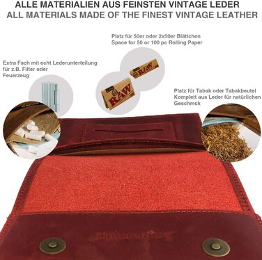 Leather Tobacco Pouch - Premium Quality Tobacco Bag - Professional smokeshirt Single or Double Sheet Pocket Rolling Pouch for Women and Men (Vintage Red)