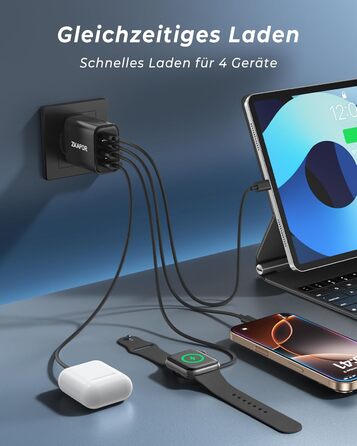 Зарядний пристрій ZKAPOR USB-C з 4 портами, 40W, з підтримкою PD та QC, для iPhone 16/15/14, Samsung Galaxy, Huawei, iPad Pro/Air, білий/чорний