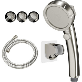 KAIYING Drill-Free High-Pressure Handheld Showerhead with ON/OFF Pause Switch, 3 Spray Modes, Water-Saving Showerhead, Detachable Puppy Shower Accessory (M: Showerhead + Holder + Hose) (Brushed Nickel)