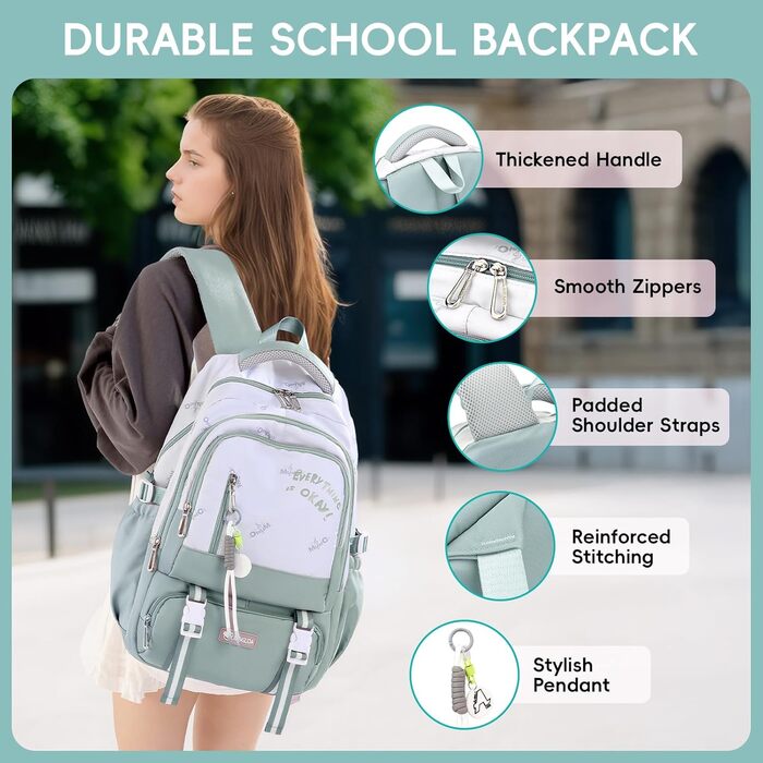 Шкільний рюкзак для підлітка, 36L, для дівчаток 3-9 клас, великий стильний рюкзак для ноутбука 16 дюймів, повсякденний, сумісний з візком (світло-блакитний)