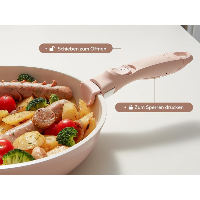 Набір посуду Redchef 16 предметів з антипригарним покриттям Ceramic, знімні ручки. Включає: сковороду 20/26 см, глибоку сковороду 26 см, каструлі 18/20 см. Підходить для всіх типів плит, духовка, можна складати. Колір: бежевий/рожевий