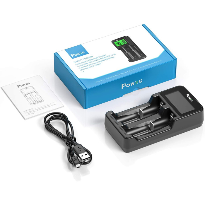 Зарядний пристрій POWXS для акумуляторів 18650 з LCD-дисплеєм та тестуванням, сумісний з Li-Ion, IMR, NI-MH, NI-Cd AA AAA C 26650 21700 10440 RCR123 (2 слоти)