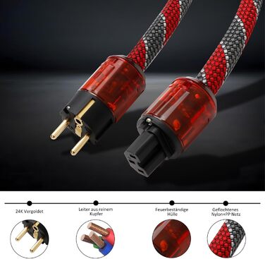 Audiофільний мережевий кабель Monosaudio P046 Hi-End (2м), мідний OFC, EU Schuko — IEC C15 для підсилювача, сабвуфера та DVD