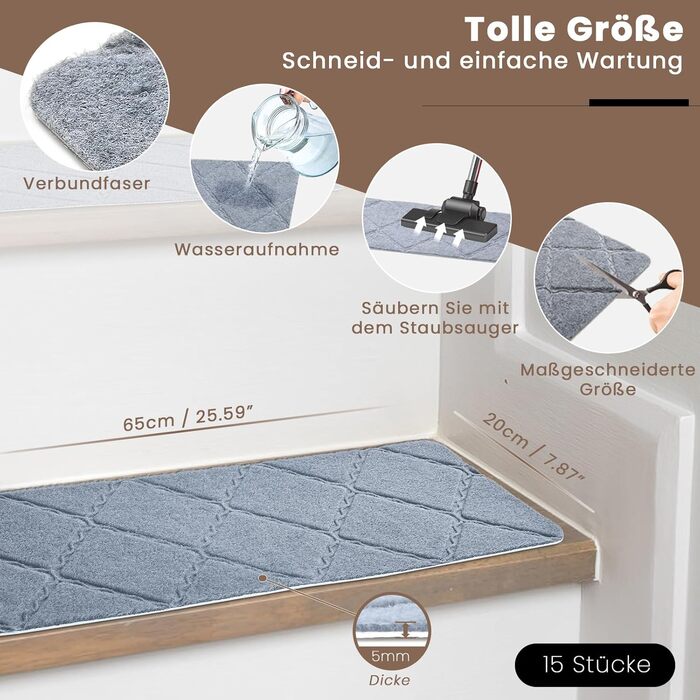 Килимок на сходи, 15 шт., самоклеючий, антиковзкий, для дому, можна різати, багаторазовий, захист від ковзання для дітей, домашніх тварин та літніх людей (55х19 см) (65х20 см, сірий)
