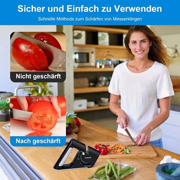 Точилка для ножів Adoric з 3 ступенів, вольфрамовий сталь, діамант, кераміка. Чорний колір