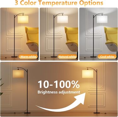 Стійка лампа для вітальні з пультом керування, 3 колірні температури, сумісна з LED, чорного кольору, з димуванням, з кнопкою на ніжці, для спальні, читання, офісу, з лампочкою в комплекті