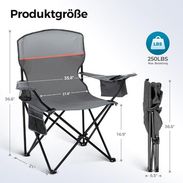 Набір 2 складаних стільців High Point Sports для кемпінгу, риболовлі та відпочинку з підсклянником та охолоджувачем (до 120 кг), сірий