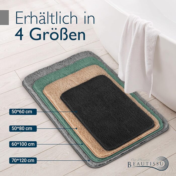 Beautissu Non-Slip Bath Mat - 120x70 cm - Plush Shaggy Bathroom Rug - Absorbent, Washable, Grey - BeauMare FL