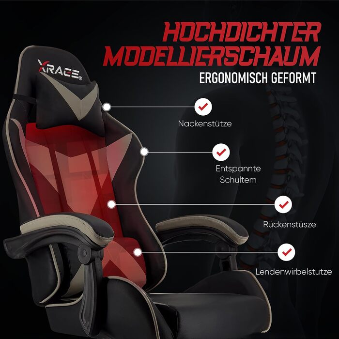 Ігрове крісло xRace Gaming: ергономічний офісний стілець з поперековою підтримкою, екошкіра PU (Сірий, без підніжки)