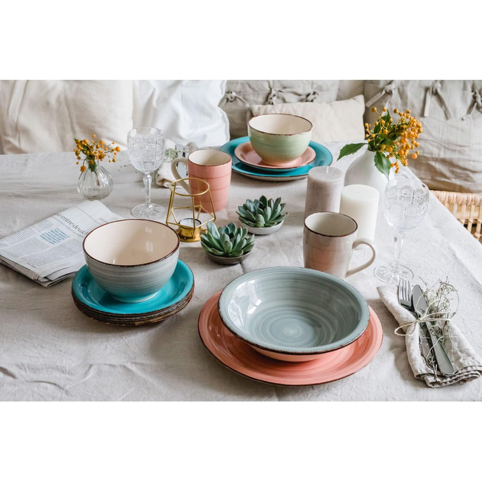 MÄSER 931875 Bel Tempo II, 18-piece tableware set for 6 people with a modern vintage look, hand-painted ceramic tableware, stoneware, smoky blue