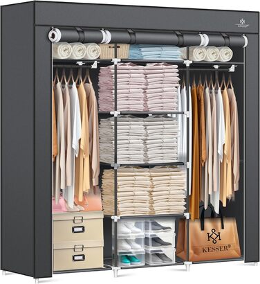KESSER® Wardrobe Clothes Rack Stable with Clothes Rail & Shelves, Incl. 5x Clothes Hangers, Fabric Folding Wardrobe for Bedroom, Dressing Room Closet with Clothes Stand 150x45x175cm (Anthracite)