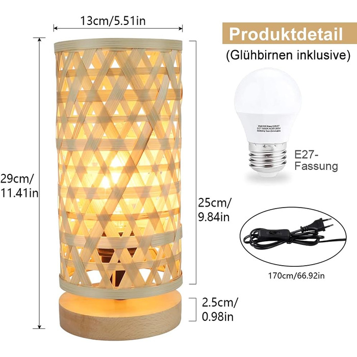 Сучасна LED лампа Depuley на стіл, бамбук та дерево, круглі, з абажуром з ротангу, 60 Вт, патрон E27, нічник, лампа для читання, для спальні, дитячої кімнати, з лампою (Rund-2)