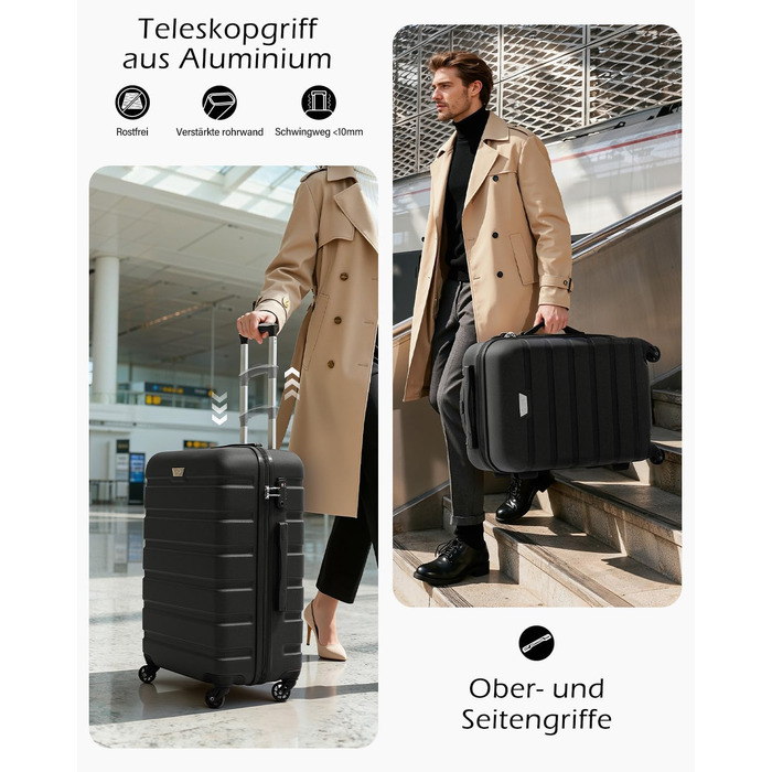 Набір валіз COOLIFE 3 шт. (M, L, XL) для сімейних та закордонних подорожей, ABS+PC, чорний