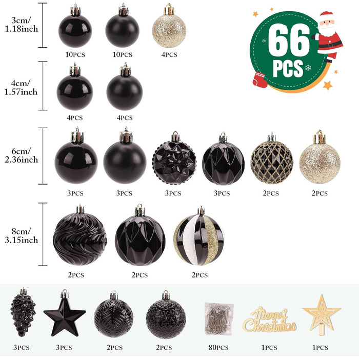 40 шт. прозорих новорічних кулі з кришкою, 6 см, прикраси для ялинки, вікна, інтер'єру та екстер'єру, чорний + золотий (різні дизайни)