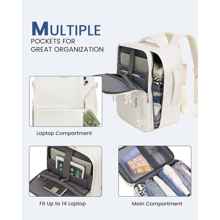 Рюкзак LOVEVOOK для жінок, ручна поклажа, 40x30x20 см, 24л, для ноутбука 14 дюймів, для подорожей, бізнес-рюкзак, бежевий