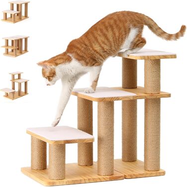 Сходинки для собак FUKUMARU: 3 сходинки з натурального дерева та джуту, регульована висота 18-51 см, витримують до 90 кг, знімний м'який підвішун