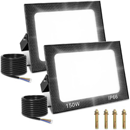 Viugreum 100W LED Flood Light Outdoor 8000LM Floodlight Outdoor IP65 Outdoor Spotlight 5000K Floodlight Cold White Spotlight Floodlight with 50cm Cable for Backyard Driveway Garage Hallway (2 Pack, 150W 2 Packs)