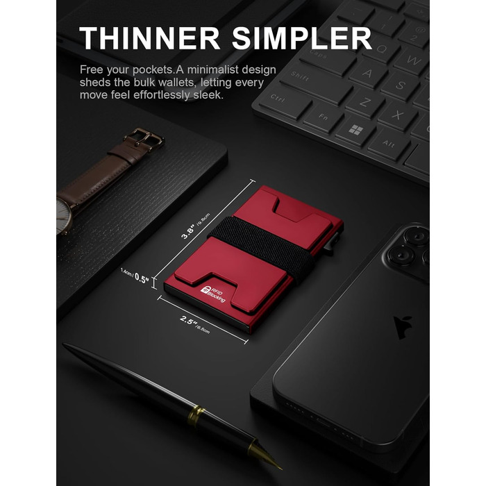 Кредитне картхолдер для чоловіків LXMY з RFID захистом, алюмінієвий, Slim, вміщує 12 карт та гроші, червоний