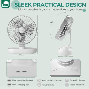 Портативний USB вентилятор OCOOPA Rotateair 6.5'' з акумулятором 4000mAh, 4 швидкості, тихий (30dB), для дому, офісу, кемпінгу, сріблястий