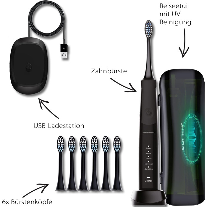 Електрична зубна щітка Tristan Auron SonicMaster - 55 000 вібрацій, 5 режимів, 60 днів акумулятора, UV-стерилізатор, 6 насадок, чорний колір