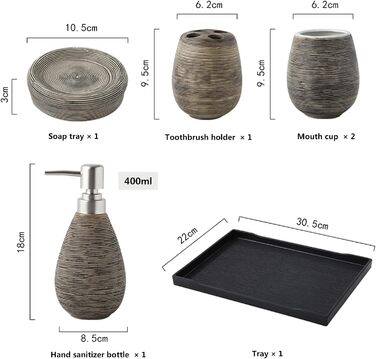 Набір аксесуарів для ванної кімнати Tauzveok з кераміки, 6 предметів: дозатор мила, тримач для зубних щіток, мильниця, стаканчик та підставка. Колір: коричневий.