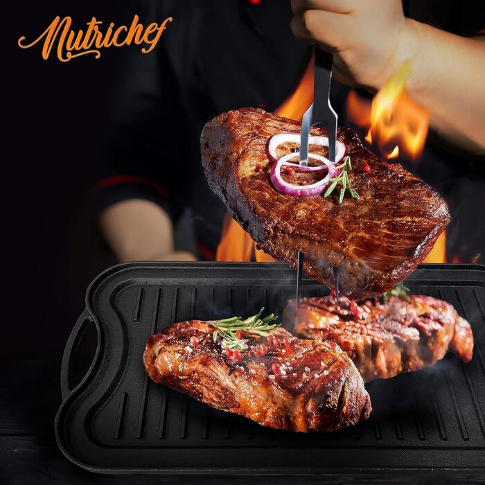 Гриль-плита NutriChef 50,7×25,7 см з чавуну, двостороння (гладка та рифлена), антипригарна, для електро-, газових, керамічних плит, духовки та барбекю, чорна