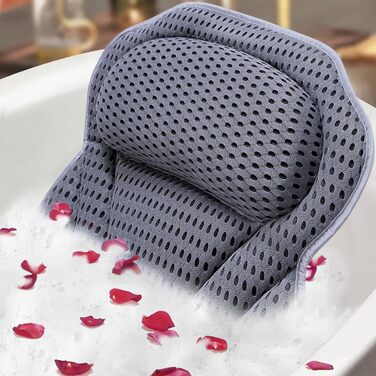 ADOV Bathtub Pillow – Ergonomic Luxury Neck Pillow with 6 Suction Cups, Soft Bath Pillow with 3D Air Mesh for Head, Back and Shoulders, Washable Pillow for Bathtub, Ideal for Bathtub, Spa (Gray)
