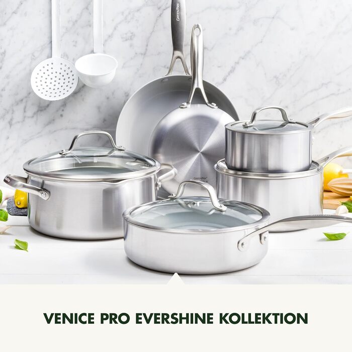 Набір кухонного посуду GreenPan Venice Tri-Ply 7 предметів: каструлі та сковороди з нержавіючої сталі, антипригарне покриття, без PFAS, для індукційних плит, сумісний з духовкою, сріблястий