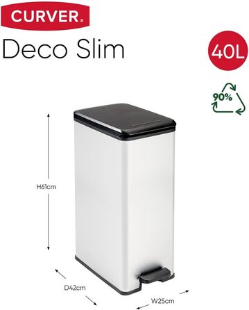 Сміттєвий кошик Curver Deco Slim 40 л, пластиковий, чорний/сріблястий металік, 39.3 x 25 x 60.7 см