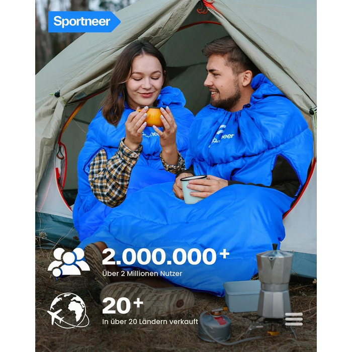 Спальний мішок Sportneer Outdoor для дорослих, теплий ковдру-спальник на 3-4 сезони для кемпінгу та подорожей (220x85 см, синій, 10-26 °C)