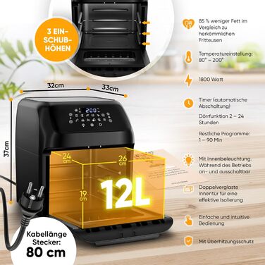 Stillstern Hot Air Fryer 12L with LED Touchscreen, XXL Recipe Book in German, 12 Programs, Preheating & Keep Warm, 1800W Hot Air Fryer Air Fryer XXL without Oil, Dehydrator, Mini Oven, Camping Grill, Black