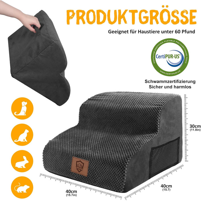 Dog Stairs, Pet Stairs, Foam Dog Stairs, Washable Non-Slip Cat Stairs, Dog Stairs for Small Dogs and Cats, Portable Dog Ramp for Bed, Couch and Car (2-Step Dog Stairs, Black)