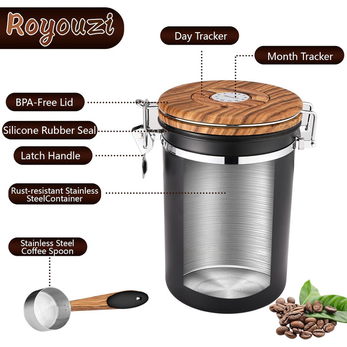 Контейнер для кавових зерен Royouzi з нержавіючої сталі 304 з випускним клапаном, багаторазовий контейнер для зберігання з мірною ложкою, багатофункціональне герметичне скло для дому та офісу (чорний)