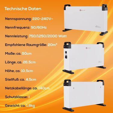 Електричний конвекторний обігрівач Tronitechnik® KH-101 2kW з 3 режимами нагріву, таймером та термостатом, мобільний, енергозберігаючий