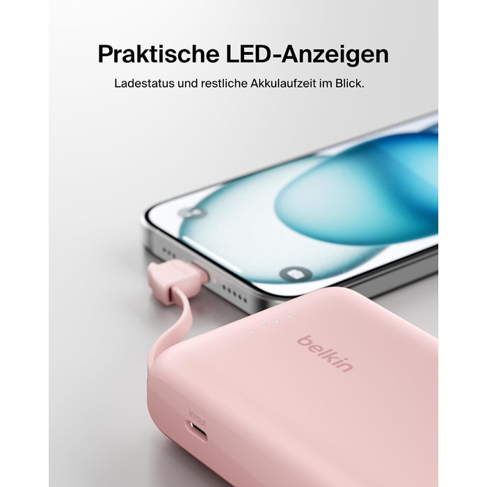Повербанк Belkin BoostCharge 10000mAh з вбудованим кабелем USB-C, 20W, LED-індикатором, рожевий