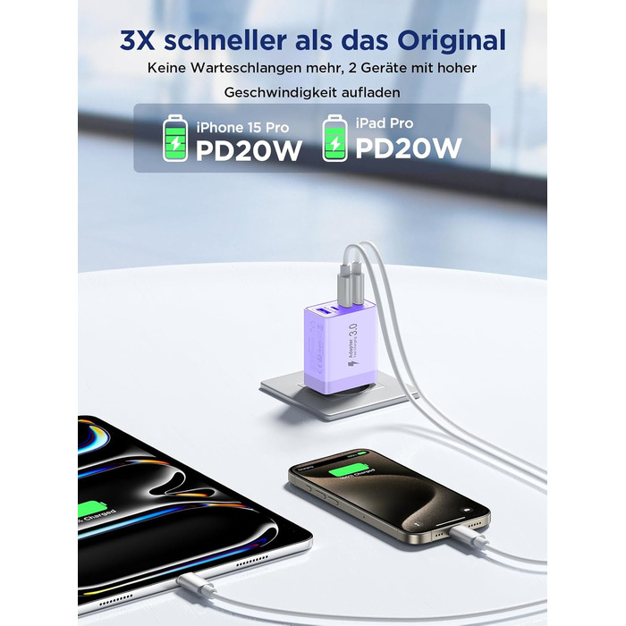 Двопакет USB-C зарядний пристрій Aioneus 4 порти з USB-C та USB-A, 40W швидка зарядка PD 3.0, блок живлення для iPhone 16 15 14 Pro Max 13 12 11 SE 2020 XS, Samsung, телефонів, фіолетовий