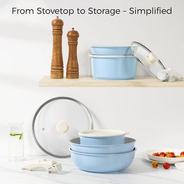 Набір посуду 15 предметів, антипригарне покриття, знімні ручки, посуд для кемпінгу, сумісний з індукцією, блакитний